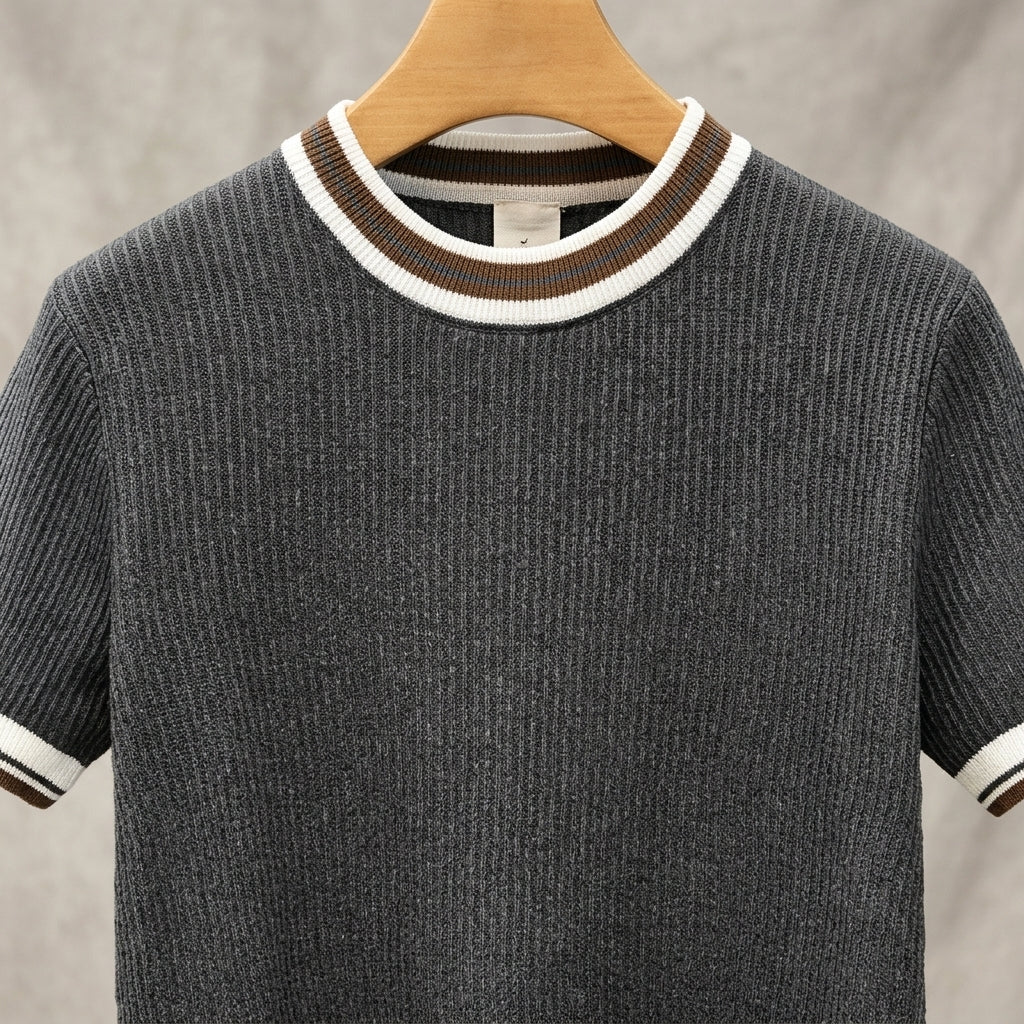 Men's White Round Neck Striped Short Sleeve Knit T-Shirt Drako™️