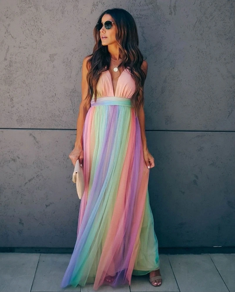 Women's Maxi Dress | Vibrant Rainbow Design | Layered Sheer Overlay | Comfortable Fit Drako™️