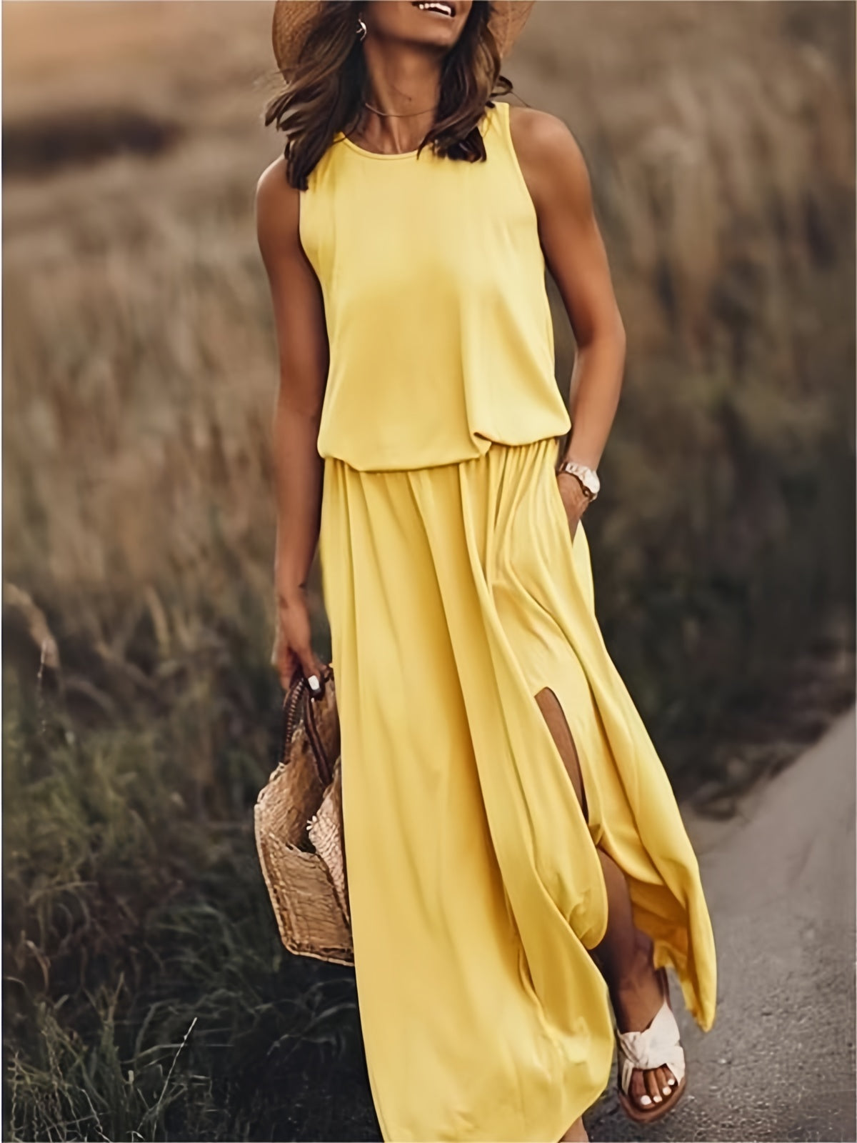 Women’s Maxi Dress | Boho Style with Draped Overlay & Side Slits | Polyester Blend | Comfortable Fit  Drako™️