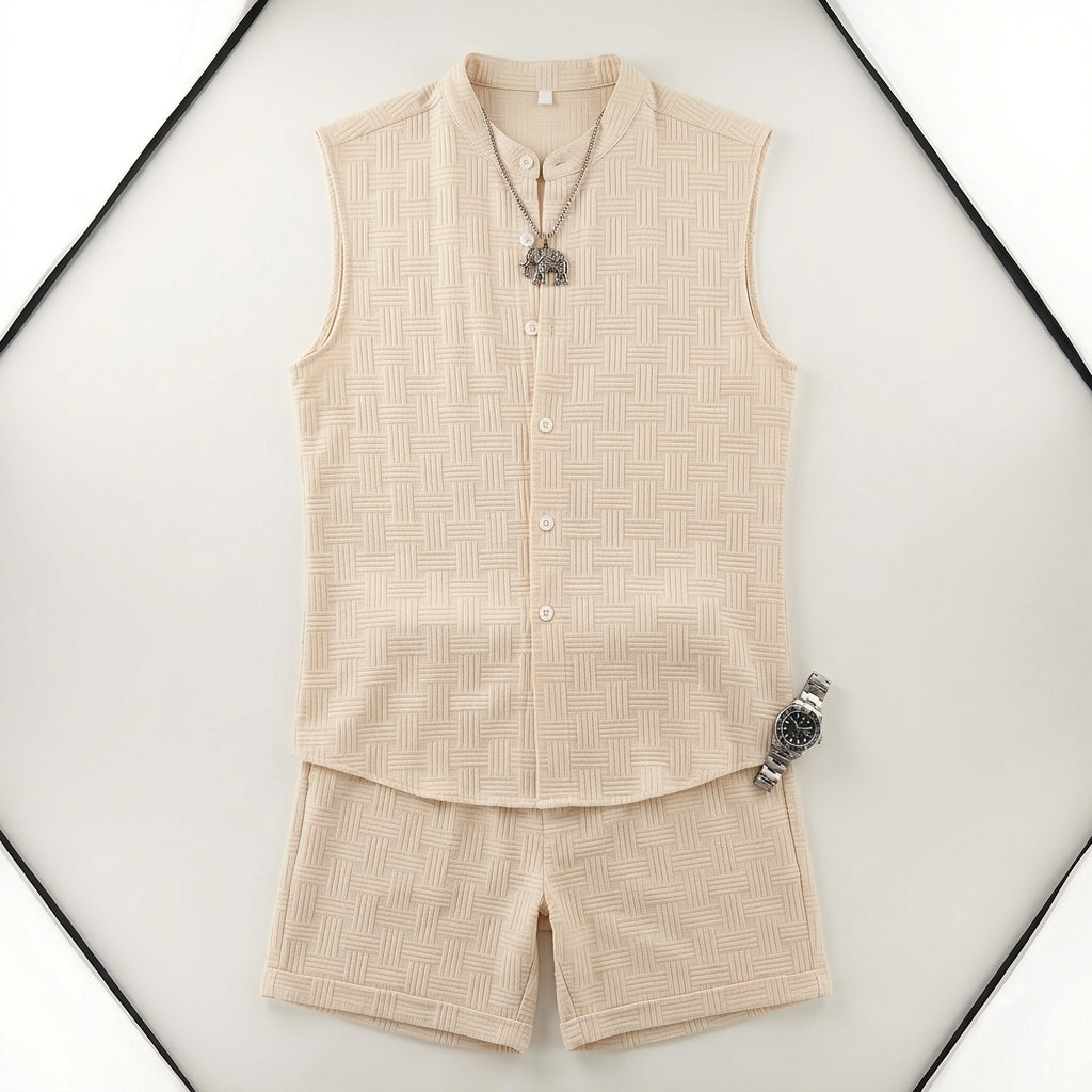 Men's Jacquard Casual Stand-up Collar Sleeveless Cardigan Shorts Sportswear Set  Drako™️