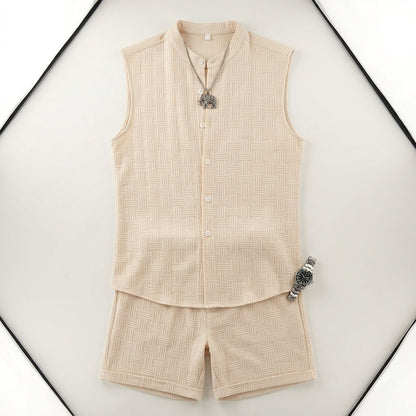 Men's Jacquard Casual Stand-up Collar Sleeveless Cardigan Shorts Sportswear Set  Drako™️