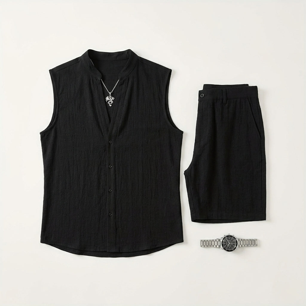 Men's Jacquard Casual Stand-up Collar Sleeveless Cardigan Shorts Sportswear Set  Drako™️