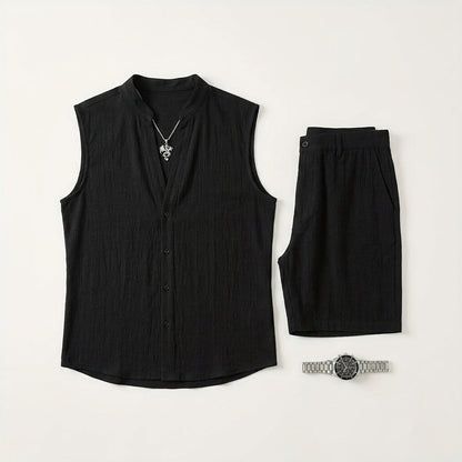 Men's Jacquard Casual Stand-up Collar Sleeveless Cardigan Shorts Sportswear Set  Drako™️