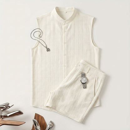 Men's Jacquard Casual Stand-up Collar Sleeveless Cardigan Shorts Sportswear Set  Drako™️