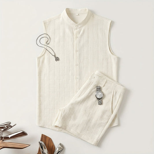 Men's Jacquard Casual Stand-up Collar Sleeveless Cardigan Shorts Sportswear Set  Drako™️