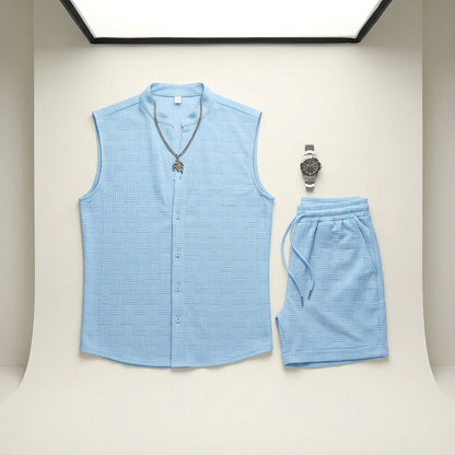 Men's Jacquard Casual Stand-up Collar Sleeveless Cardigan Shorts Sportswear Set  Drako™️