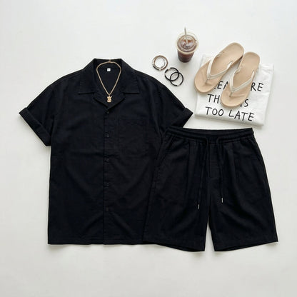 Men's Casual Sports Set Summer New Fashion Shirt Trendy Simple Handsome Short Sleeve Solid Color Thin Shorts  Drako™️