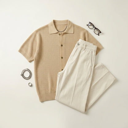 Men's Lapel Knit Short-Sleeve T-Shirt - Summer Old Money Style Hollow Out High-End Cross-Border Wholesale Half-Sleeve Cardigan Top  Drako™️