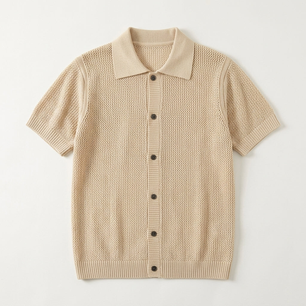 Men's Lapel Knit Short-Sleeve T-Shirt - Summer Old Money Style Hollow Out High-End Cross-Border Wholesale Half-Sleeve Cardigan Top  Drako™️