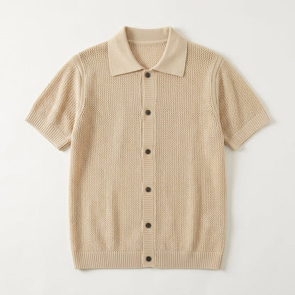 Men's Lapel Knit Short-Sleeve T-Shirt - Summer Old Money Style Hollow Out High-End Cross-Border Wholesale Half-Sleeve Cardigan Top  Drako™️