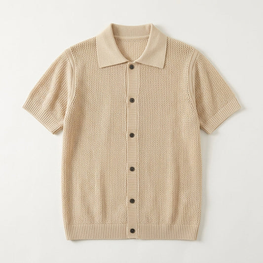 Men's Lapel Knit Short-Sleeve T-Shirt - Summer Old Money Style Hollow Out High-End Cross-Border Wholesale Half-Sleeve Cardigan Top  Drako™️