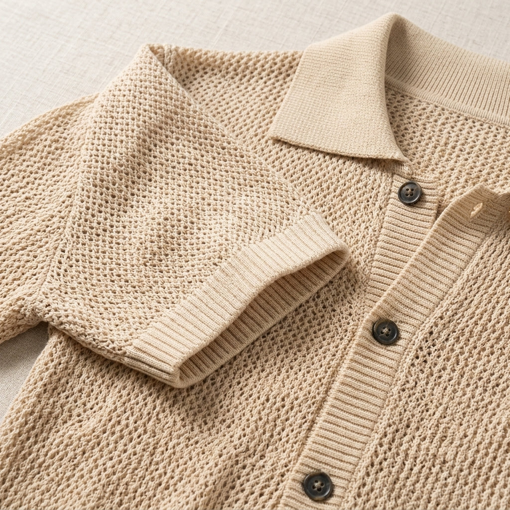 Men's Lapel Knit Short-Sleeve T-Shirt - Summer Old Money Style Hollow Out High-End Cross-Border Wholesale Half-Sleeve Cardigan Top  Drako™️