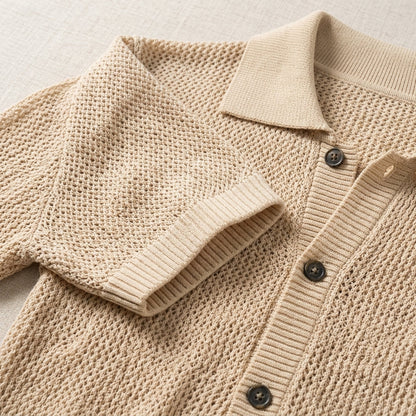 Men's Lapel Knit Short-Sleeve T-Shirt - Summer Old Money Style Hollow Out High-End Cross-Border Wholesale Half-Sleeve Cardigan Top  Drako™️