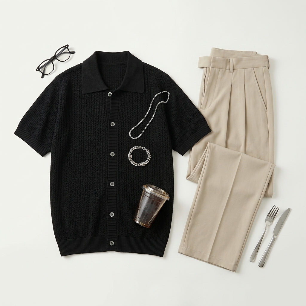 Men's Lapel Knit Short-Sleeve T-Shirt - Summer Old Money Style Hollow Out High-End Cross-Border Wholesale Half-Sleeve Cardigan Top  Drako™️