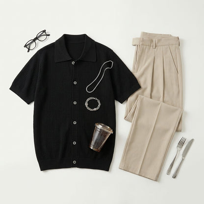 Men's Lapel Knit Short-Sleeve T-Shirt - Summer Old Money Style Hollow Out High-End Cross-Border Wholesale Half-Sleeve Cardigan Top  Drako™️