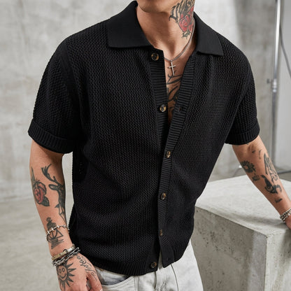 Men's Lapel Knit Short-Sleeve T-Shirt - Summer Old Money Style Hollow Out High-End Cross-Border Wholesale Half-Sleeve Cardigan Top  Drako™️