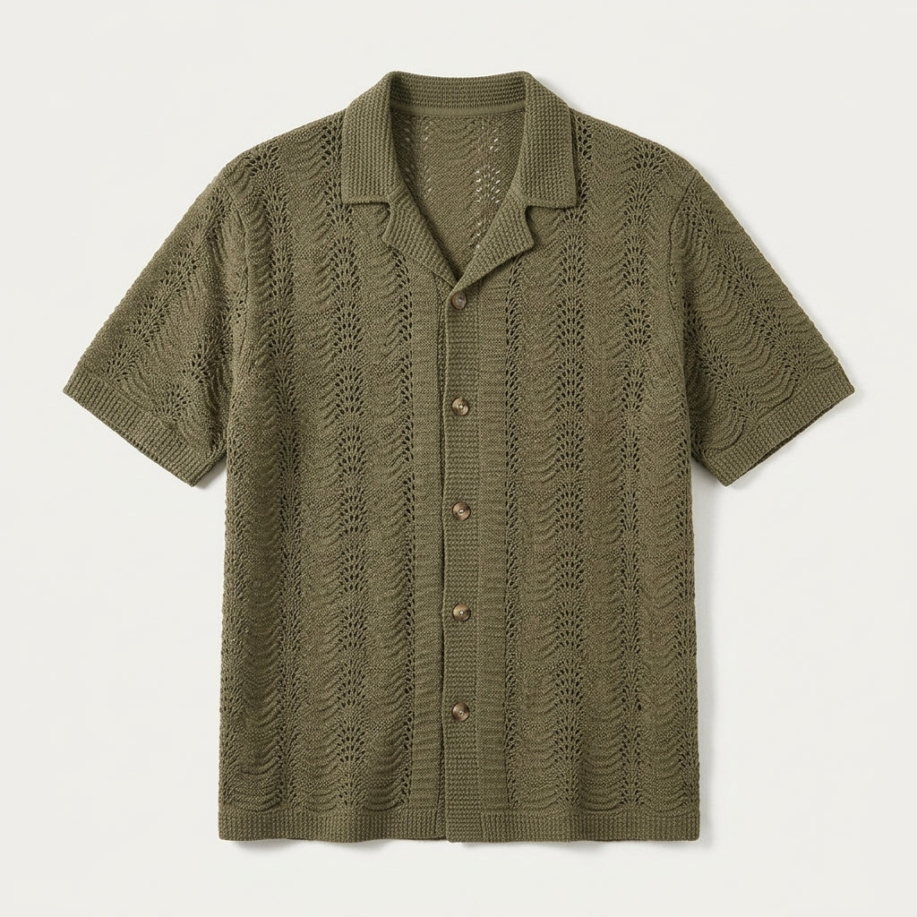 Men's Green Hollow Knit Cuban Collar Short Sleeve Shirt  Drako™️