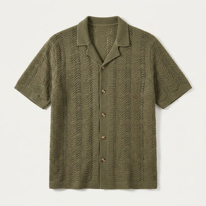 Men's Green Hollow Knit Cuban Collar Short Sleeve Shirt  Drako™️