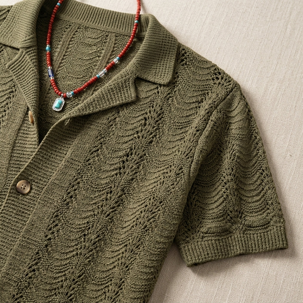 Men's Green Hollow Knit Cuban Collar Short Sleeve Shirt  Drako™️