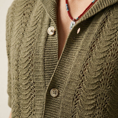 Men's Green Hollow Knit Cuban Collar Short Sleeve Shirt  Drako™️