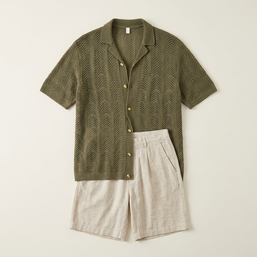 Men's Green Hollow Knit Cuban Collar Short Sleeve Shirt  Drako™️
