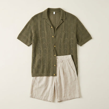Men's Green Hollow Knit Cuban Collar Short Sleeve Shirt  Drako™️