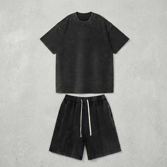 2025 Summer Washed Vintage Cotton Short Sleeve Shorts Casual Set for Men  Drako™️