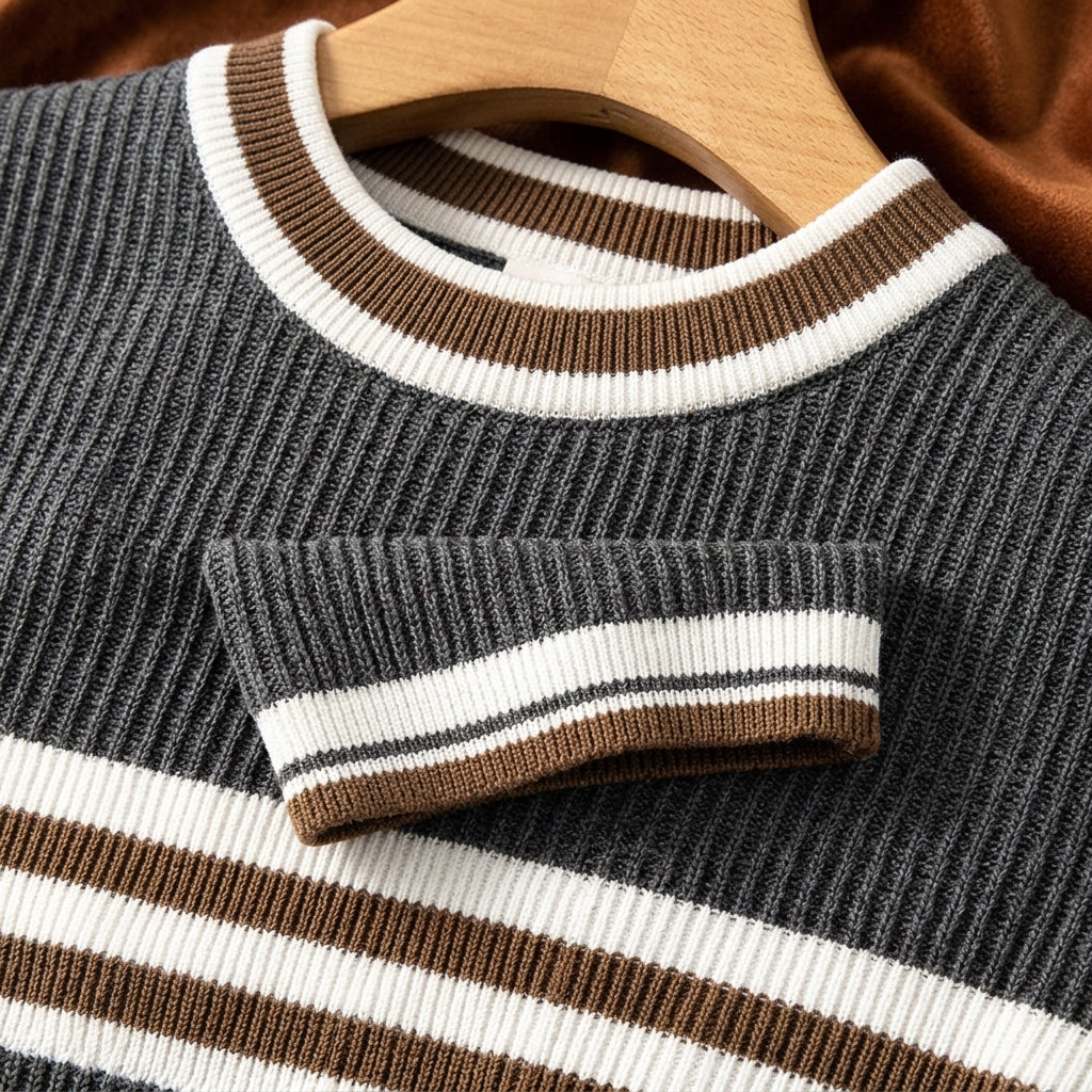 Men's White Round Neck Striped Short Sleeve Knit T-Shirt  Drako™️