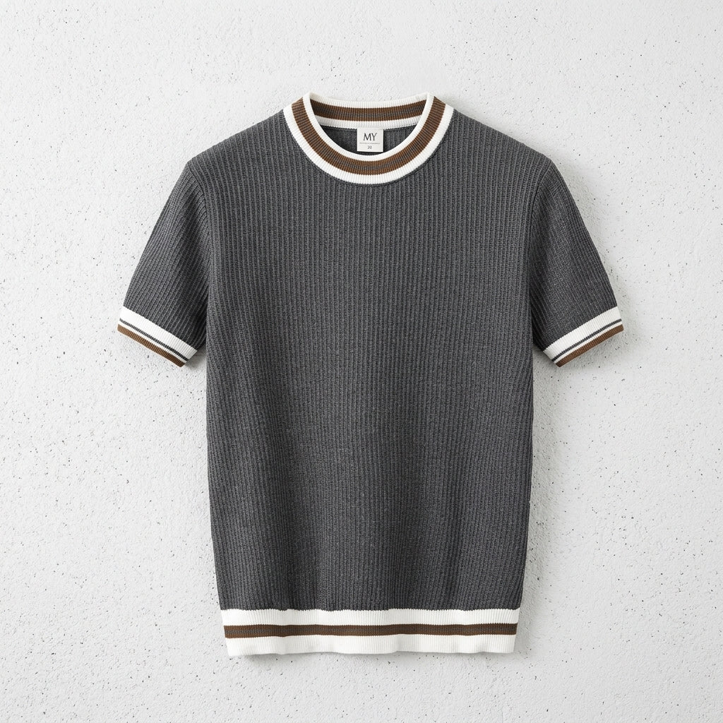 Men's White Round Neck Striped Short Sleeve Knit T-Shirt  Drako™️