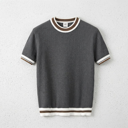 Men's White Round Neck Striped Short Sleeve Knit T-Shirt  Drako™️