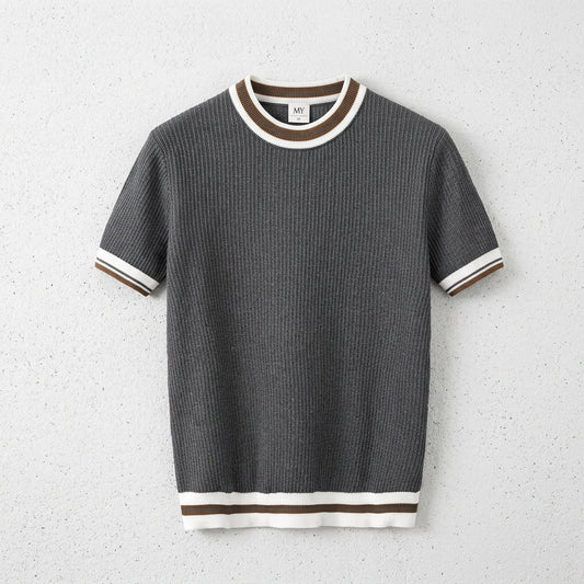 Men's White Round Neck Striped Short Sleeve Knit T-Shirt  Drako™️