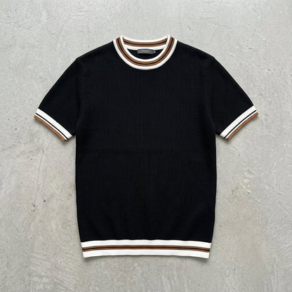 Men's White Round Neck Striped Short Sleeve Knit T-Shirt  Drako™️