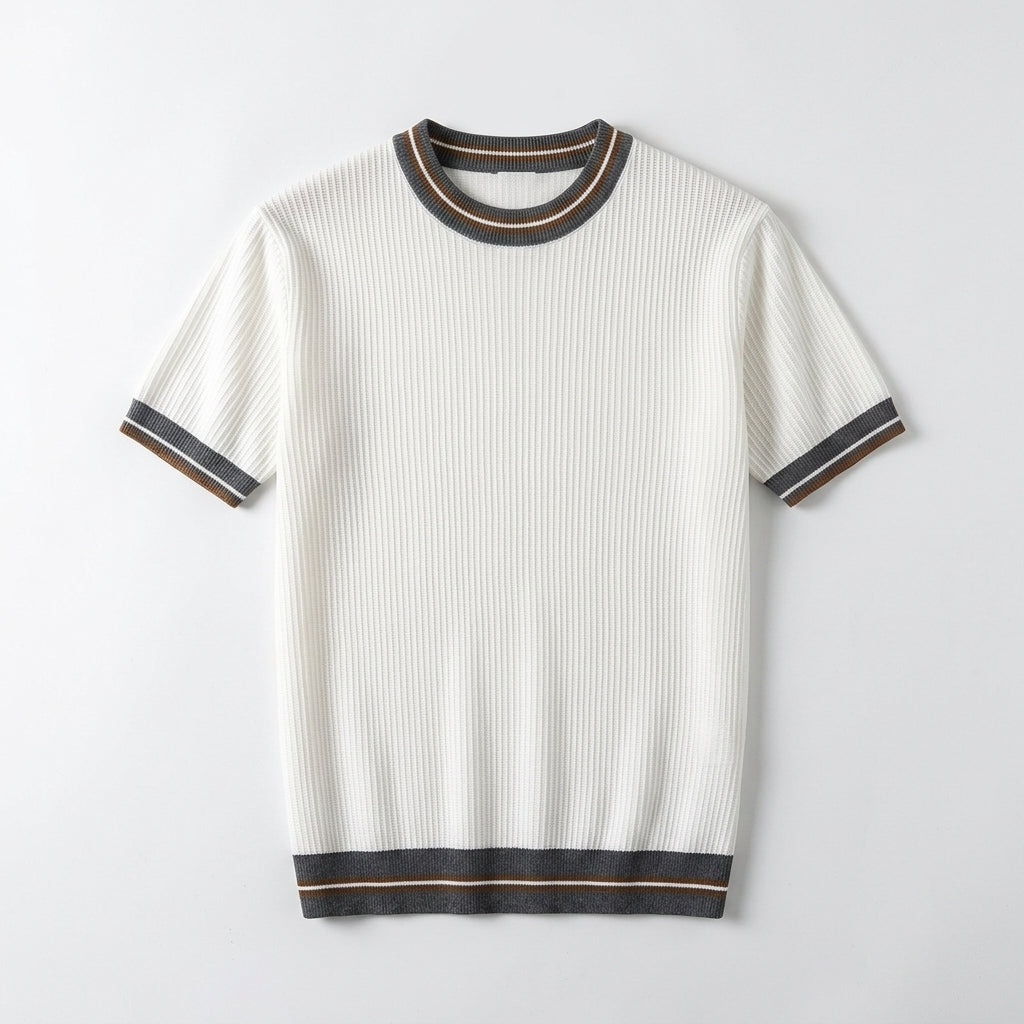 Men's White Round Neck Striped Short Sleeve Knit T-Shirt  Drako™️