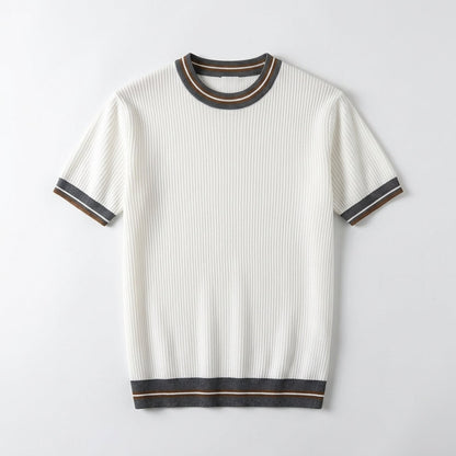 Men's White Round Neck Striped Short Sleeve Knit T-Shirt  Drako™️