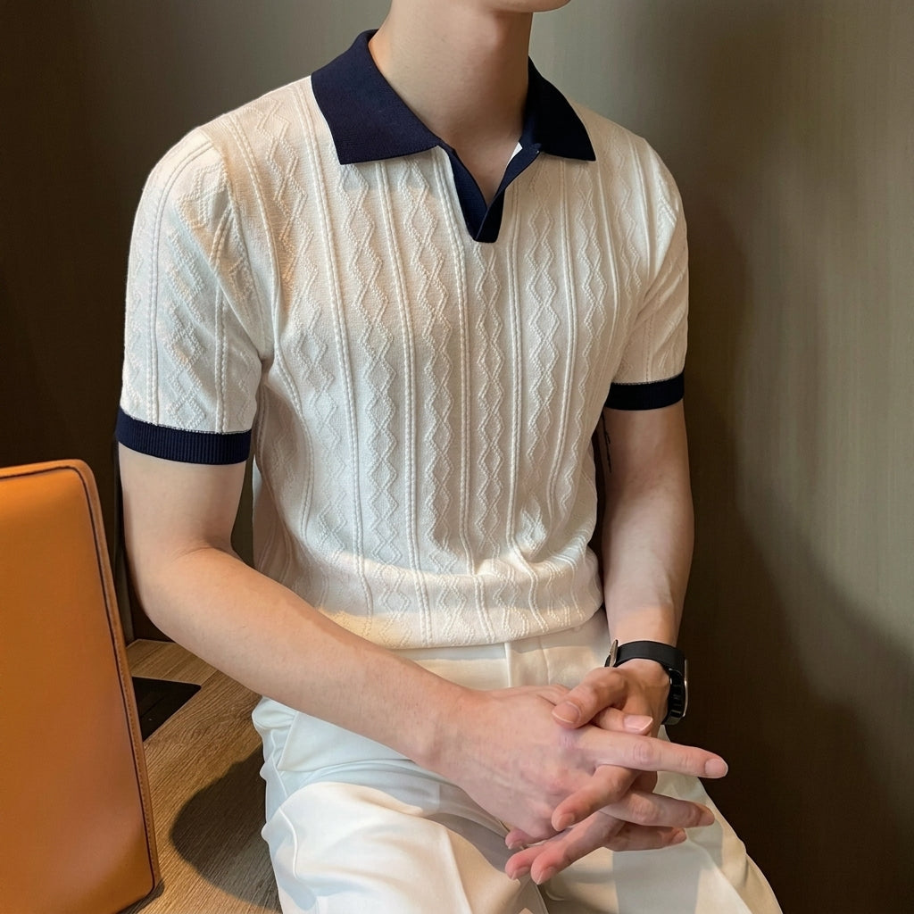 夏季冰丝透气提花翻领短袖针织衫男韩版潮流修身百搭休闲T恤上衣  Drako™️