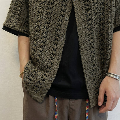 Men's Vintage Army Green Knitted Hollow Breathable Loose Short Sleeve Shirt  Drako™️