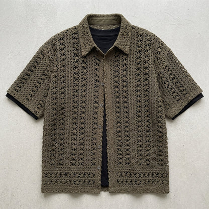 Men's Vintage Army Green Knitted Hollow Breathable Loose Short Sleeve Shirt  Drako™️