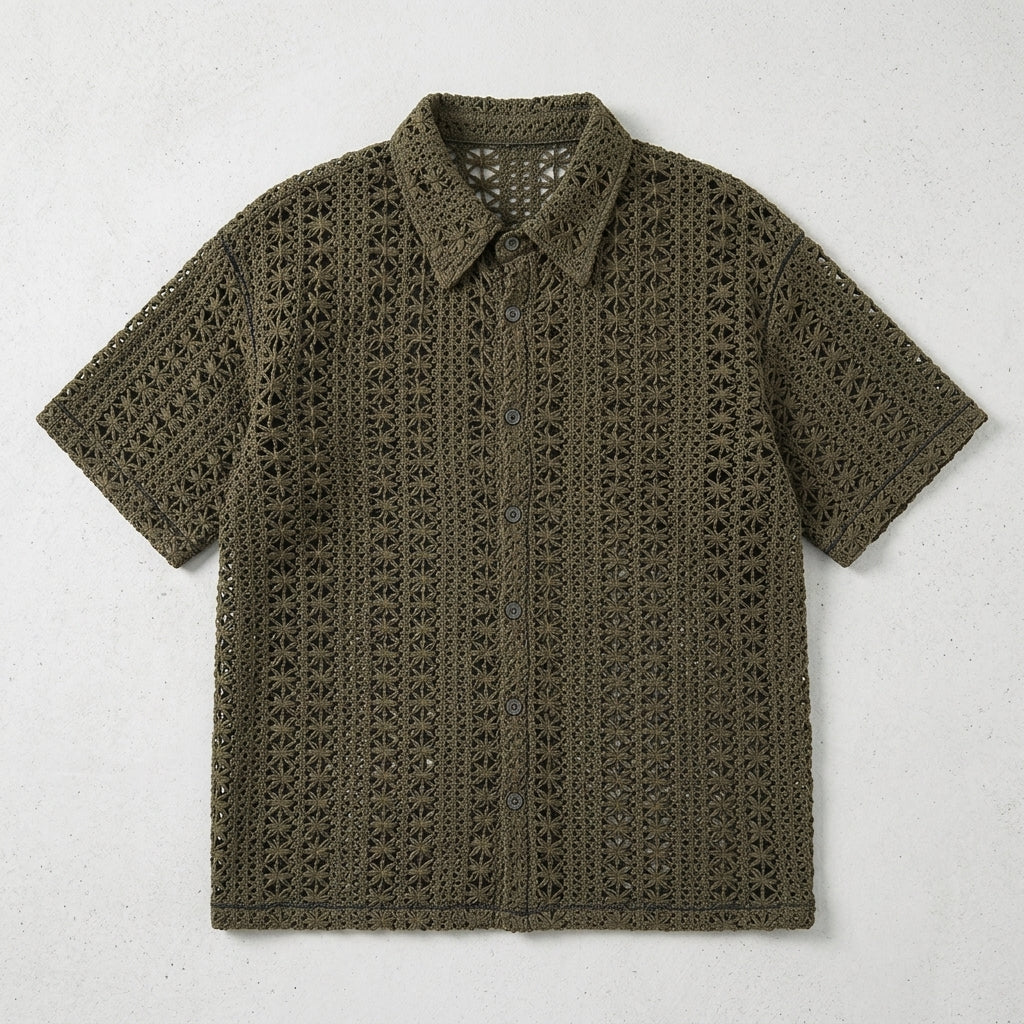 Men's Vintage Army Green Knitted Hollow Breathable Loose Short Sleeve Shirt  Drako™️