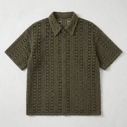 Men's Vintage Army Green Knitted Hollow Breathable Loose Short Sleeve Shirt  Drako™️