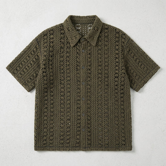 Men's Vintage Army Green Knitted Hollow Breathable Loose Short Sleeve Shirt  Drako™️
