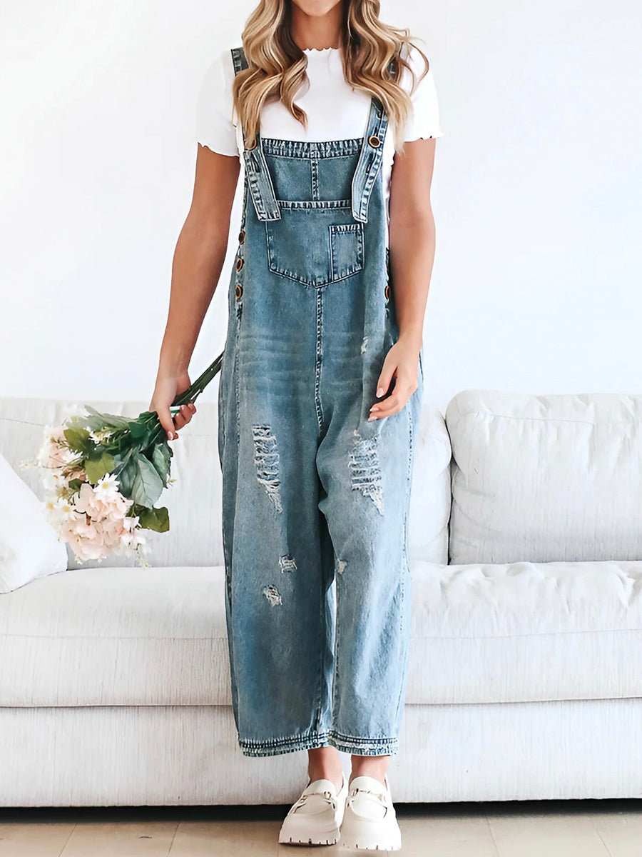 Loose Fit Distressed Denim Overalls  Drako™️
