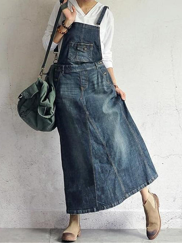 Casual Vintage-Inspired Back Slit Denim Overall Dress  Drako™️