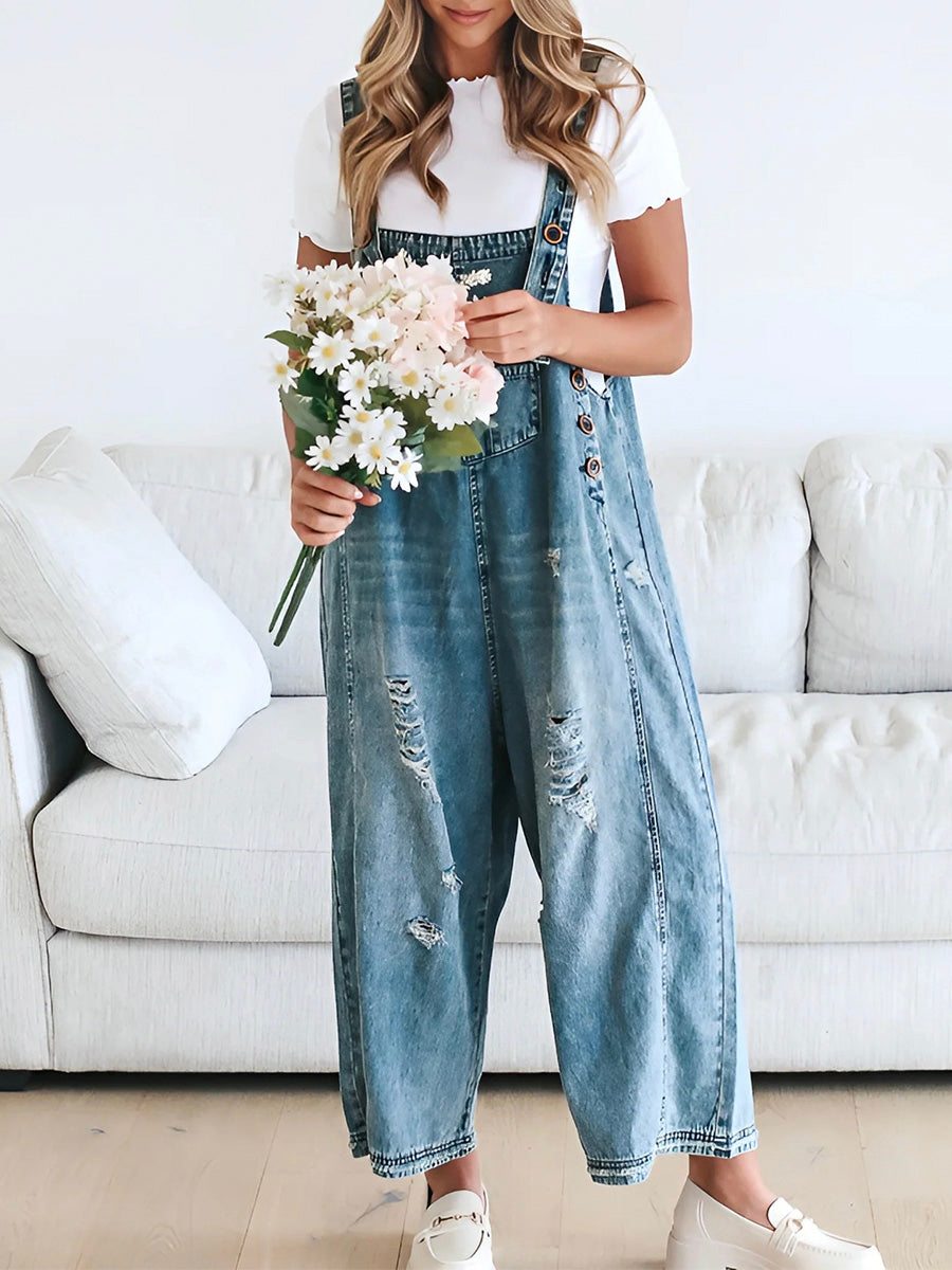 Loose Fit Distressed Denim Overalls  Drako™️