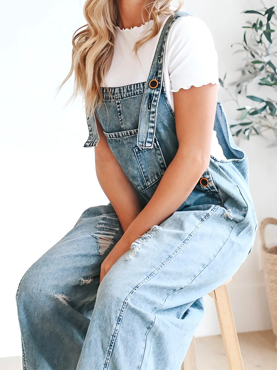 Loose Fit Distressed Denim Overalls  Drako™️