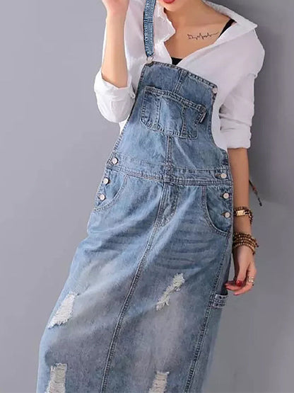 Back Slit Distressed Denim Overalls Dress  Drako™️