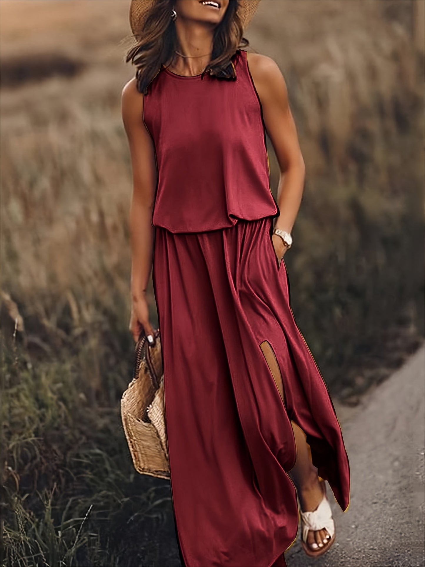 Women’s Maxi Dress | Boho Style with Draped Overlay & Side Slits | Polyester Blend | Comfortable Fit  Drako™️