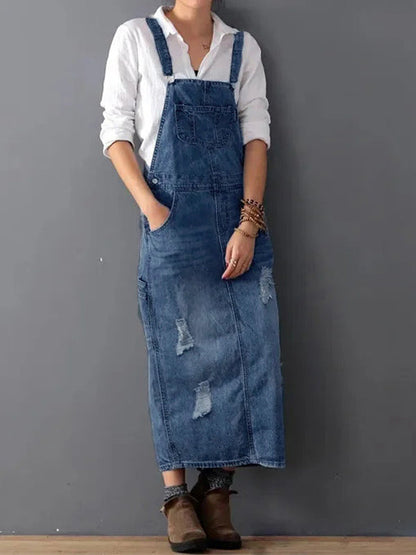 Back Slit Distressed Denim Overalls Dress  Drako™️