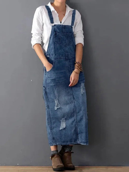 Back Slit Distressed Denim Overalls Dress  Drako™️