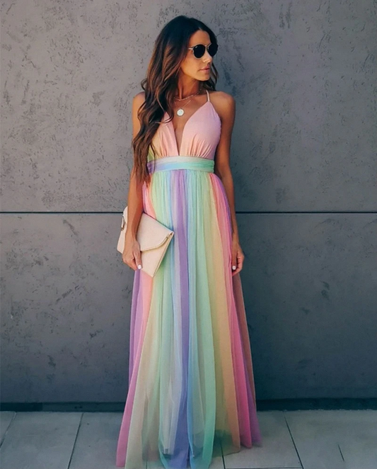 Women's Maxi Dress | Vibrant Rainbow Design | Layered Sheer Overlay | Comfortable Fit  Drako™️