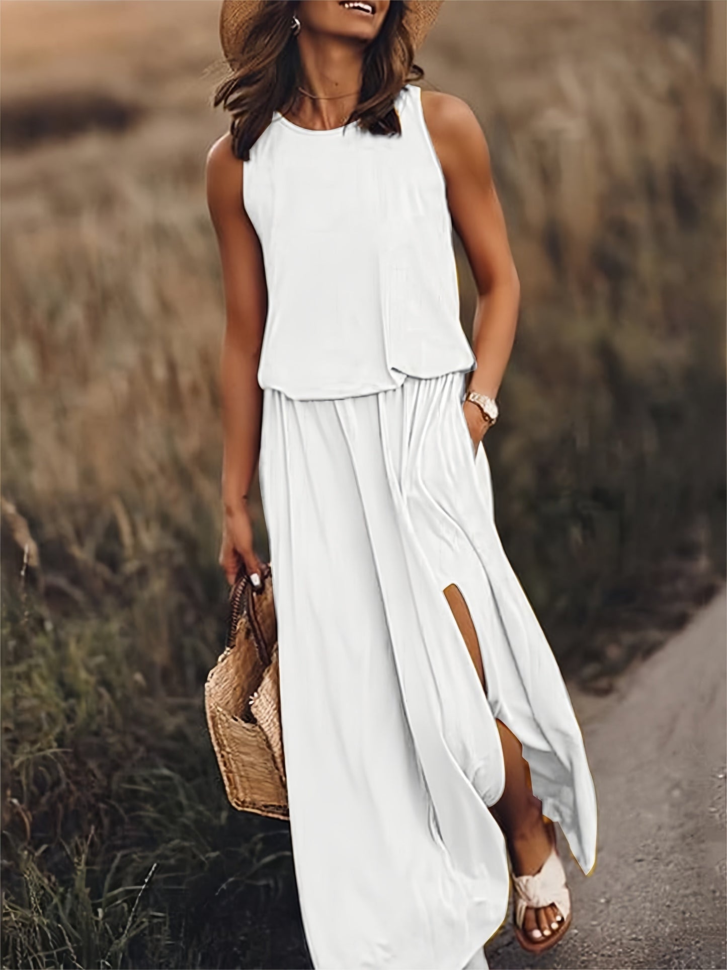 Women’s Maxi Dress | Boho Style with Draped Overlay & Side Slits | Polyester Blend | Comfortable Fit  Drako™️